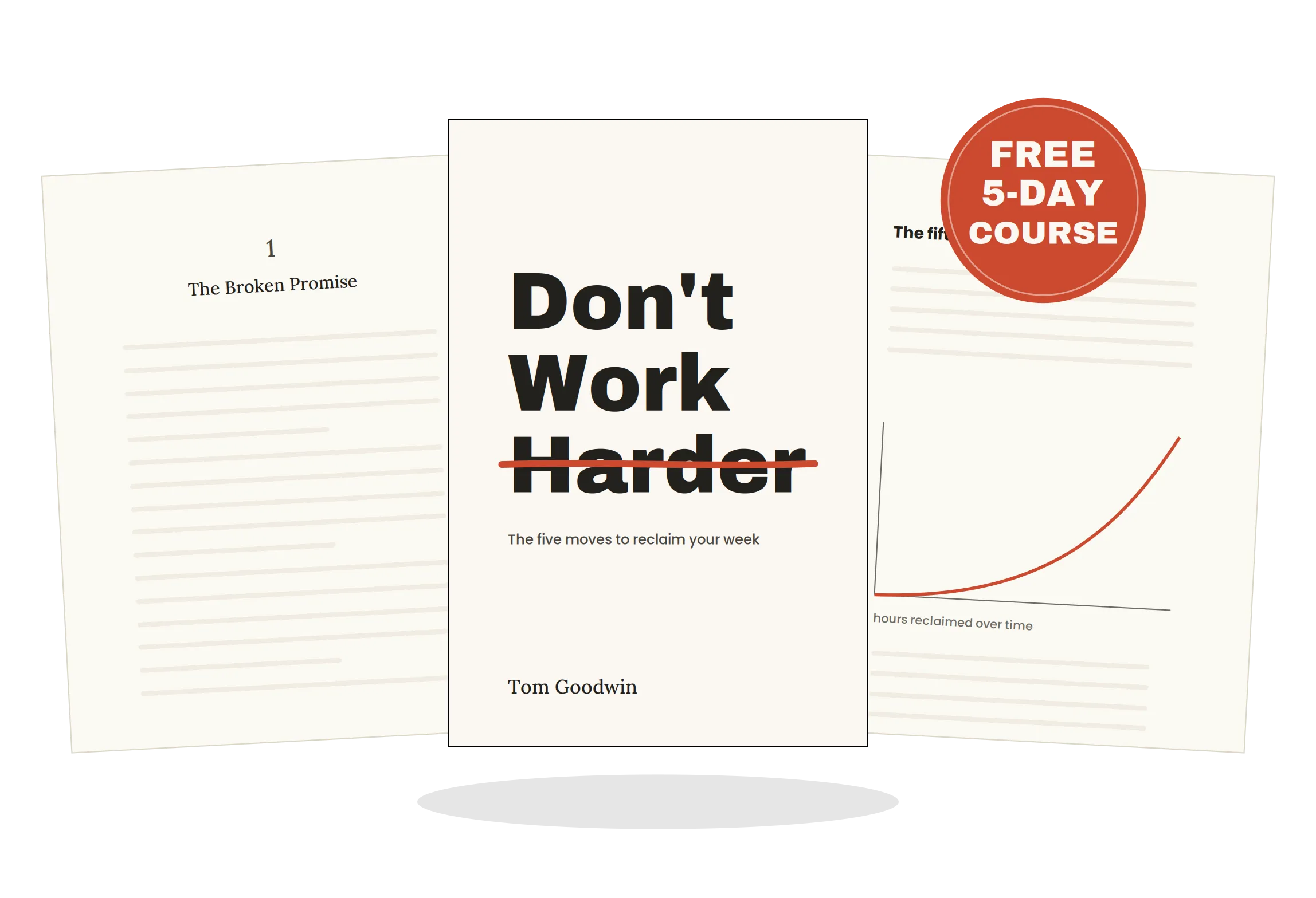 The book Don’t Work Harder by Tom Goodwin, shown with sample pages and a free 5-day course badge.